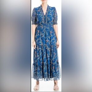 Max Studio Prairie Short Sleeve Tiered Maxi Dress, Boho Floral Size Large